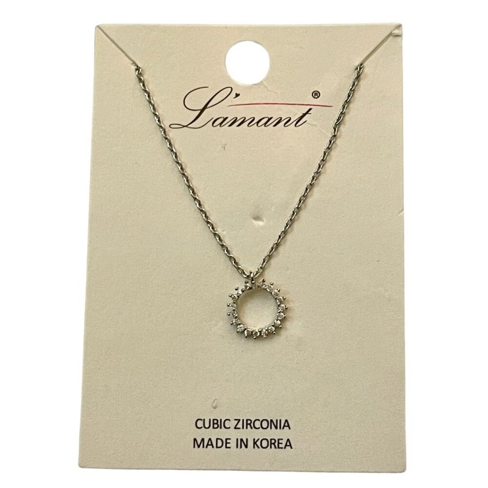 Lamant Silver Tone chain with Cubic Zirconia circle pendant Necklace NEW